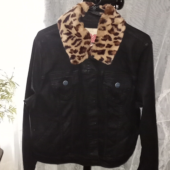 NEW Slink Jeans Black Denim Jean Jack w Removable Leopard Print Fx Fur Collar - Picture 2 of 12